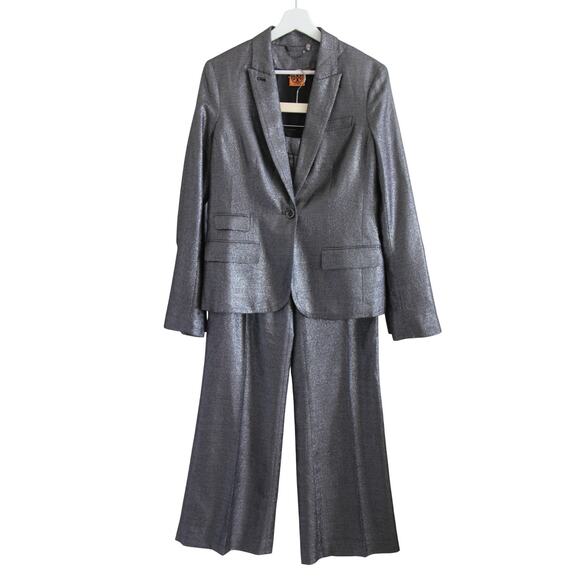 Tory Burch Pant Suit Size 8/10 Jacket Pants Metallic Gray Shimmer 2 Piece Outfit - Picture 1 of 12